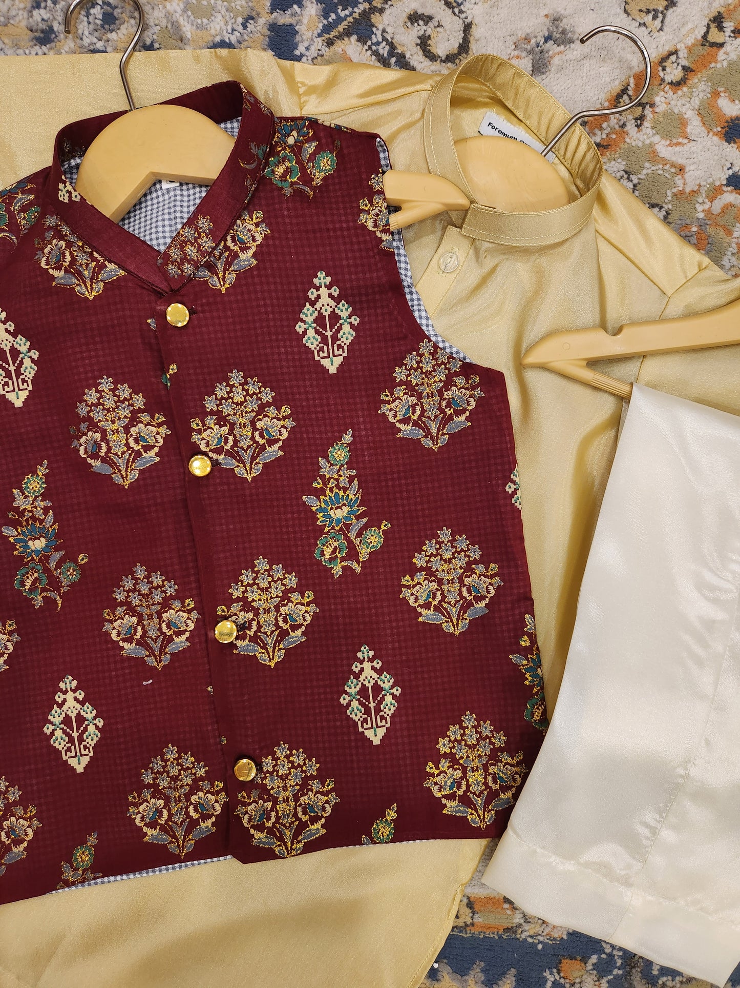 Royal Maroon Waistcoat and Gold Silk Kurta with White Trouser