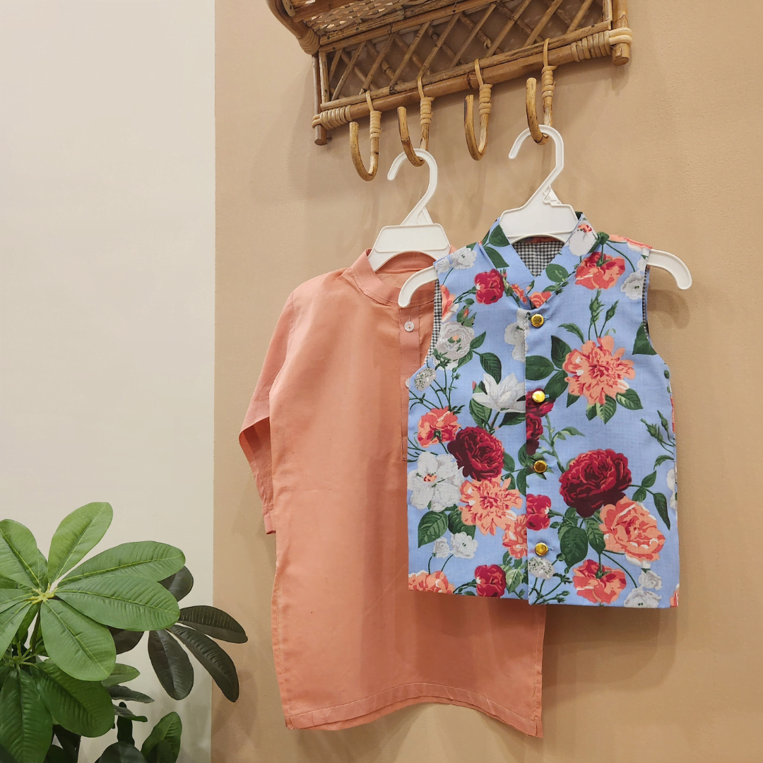 Blue Roses Floral Waistcoat & Pink Kurta with White Trouser