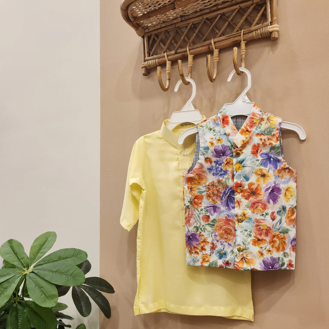 Multicolored Floral Waistcoat & Light Yellow Kurta with White Trouser