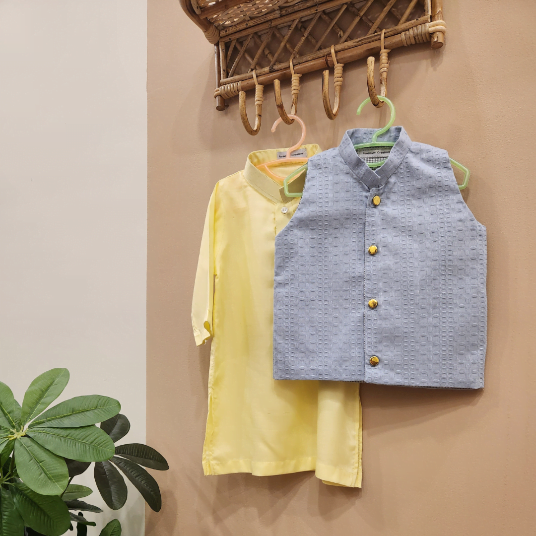 Cloudy Blue Waistcoat and Light Yellow Kurta with Trouser