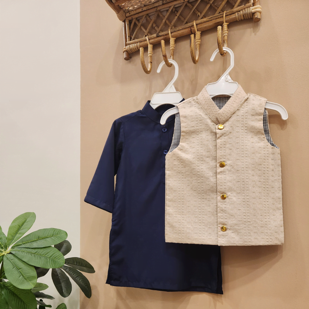 Beige Waistcoat and Navy Blue Kurta with Trouser