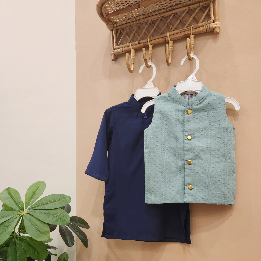 Mint Green Waistcoat and Navy Blue Kurta Trouser