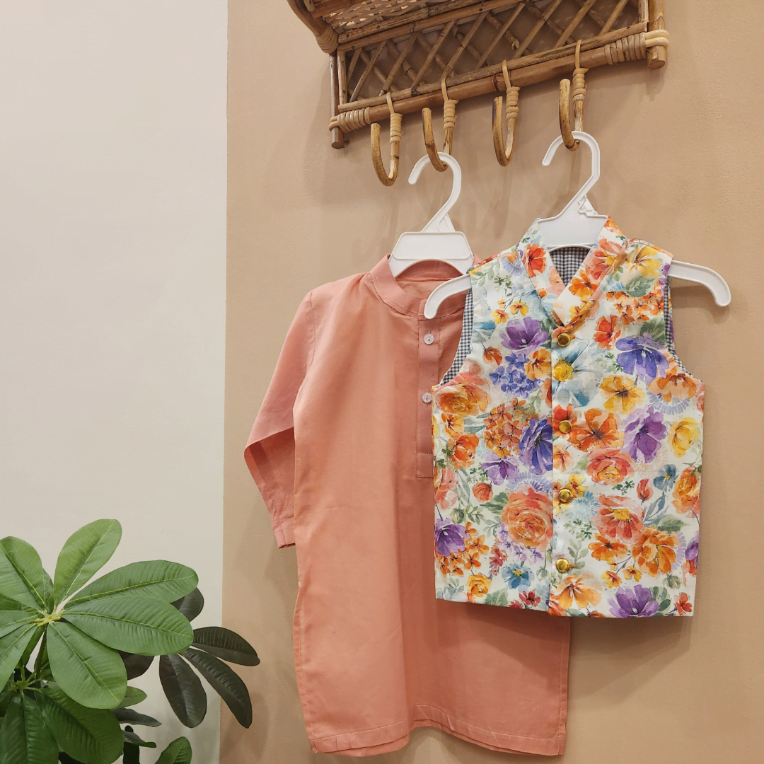 Multicolored Floral Waistcoat and Pink Kurta with Trouser