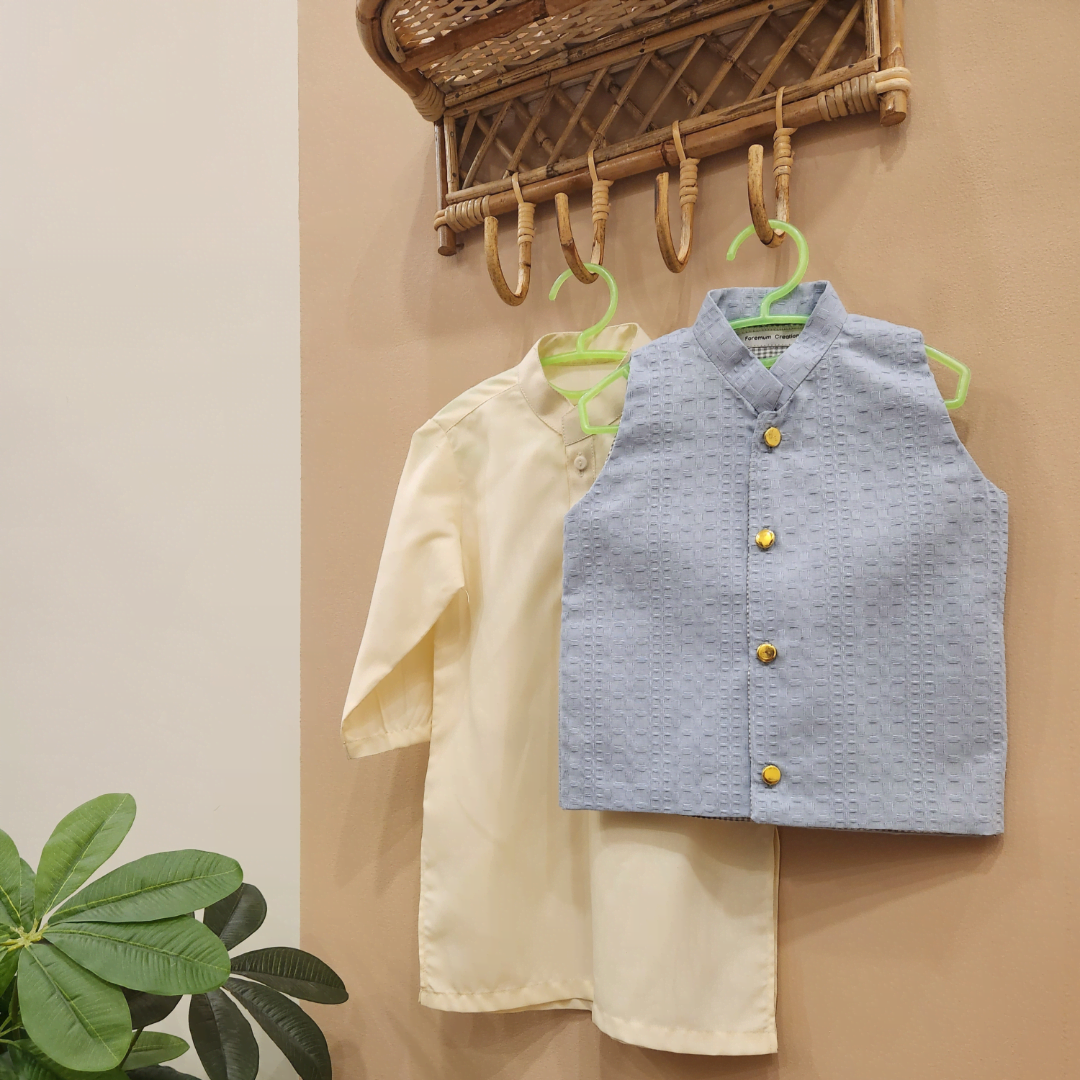 Cloudy Blue Waistcoat and Cream White Kurta with Trouser
