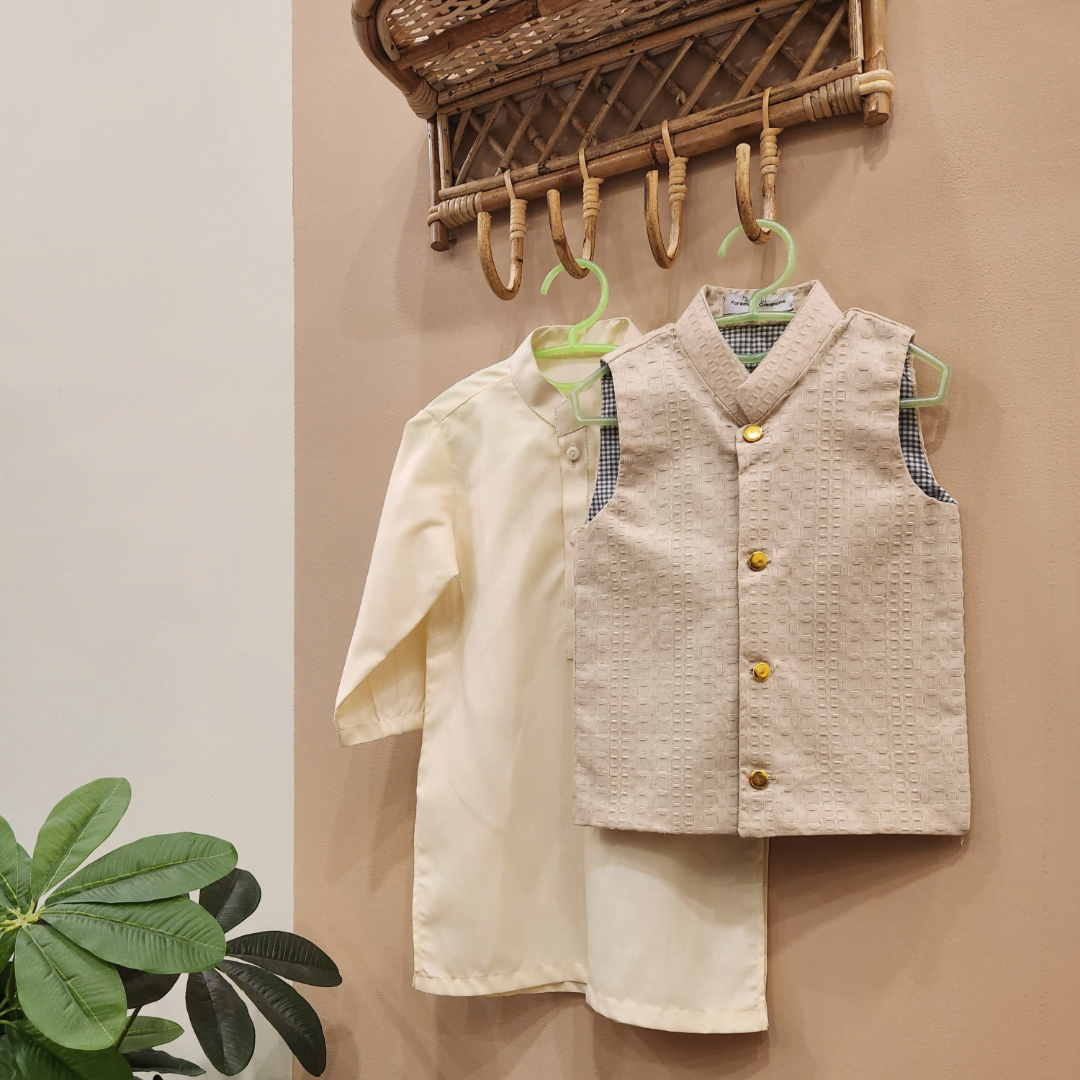Beige Waistcoat and Cream White Kurta with Trouser
