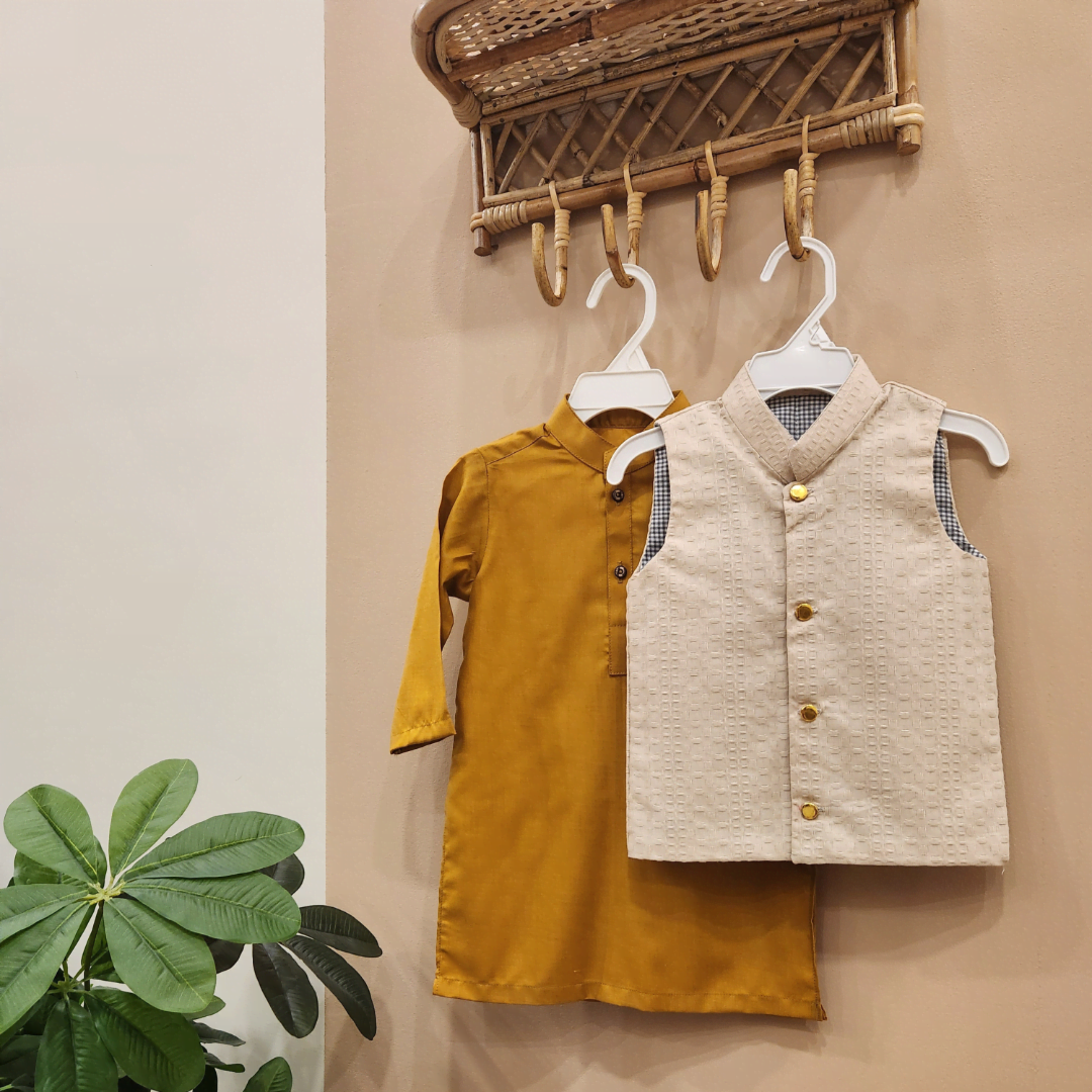 Biege Waistcoat and Amber Gold Kurta Trouser