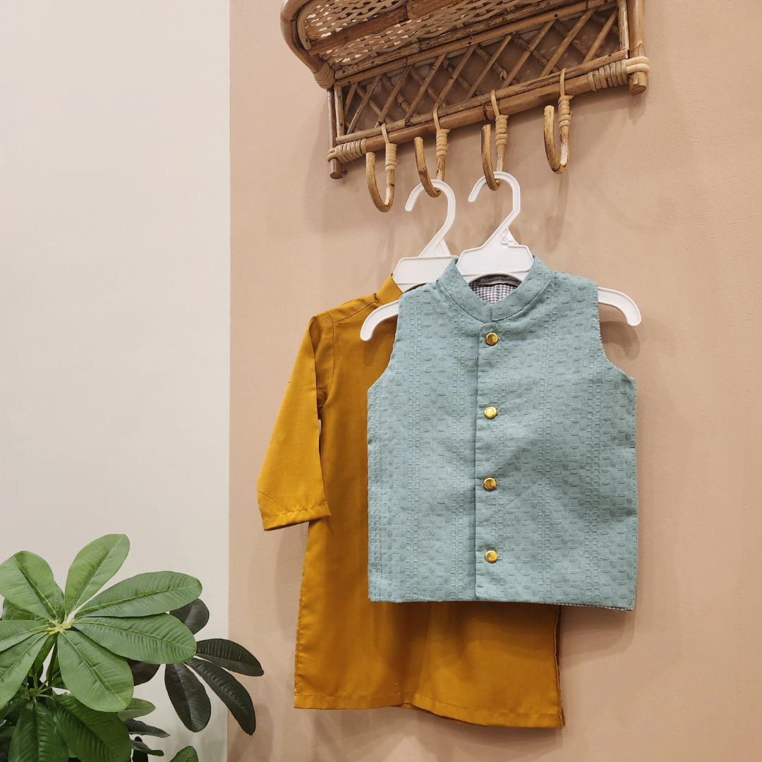 Mint Green Waistcoat and Amber Gold Kurta with Trouser