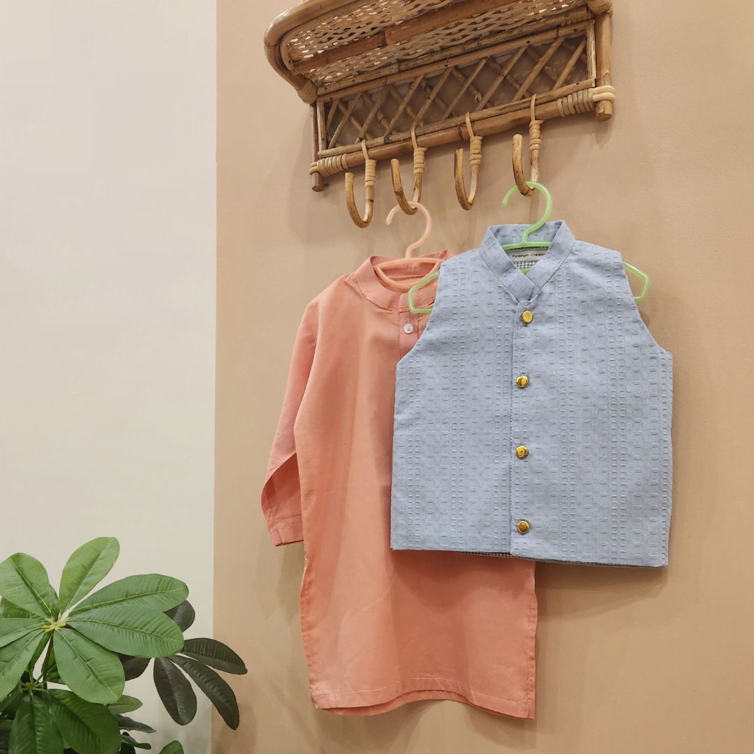 Cloudy Blue Waistcoat and Pink Kurta with Trouser