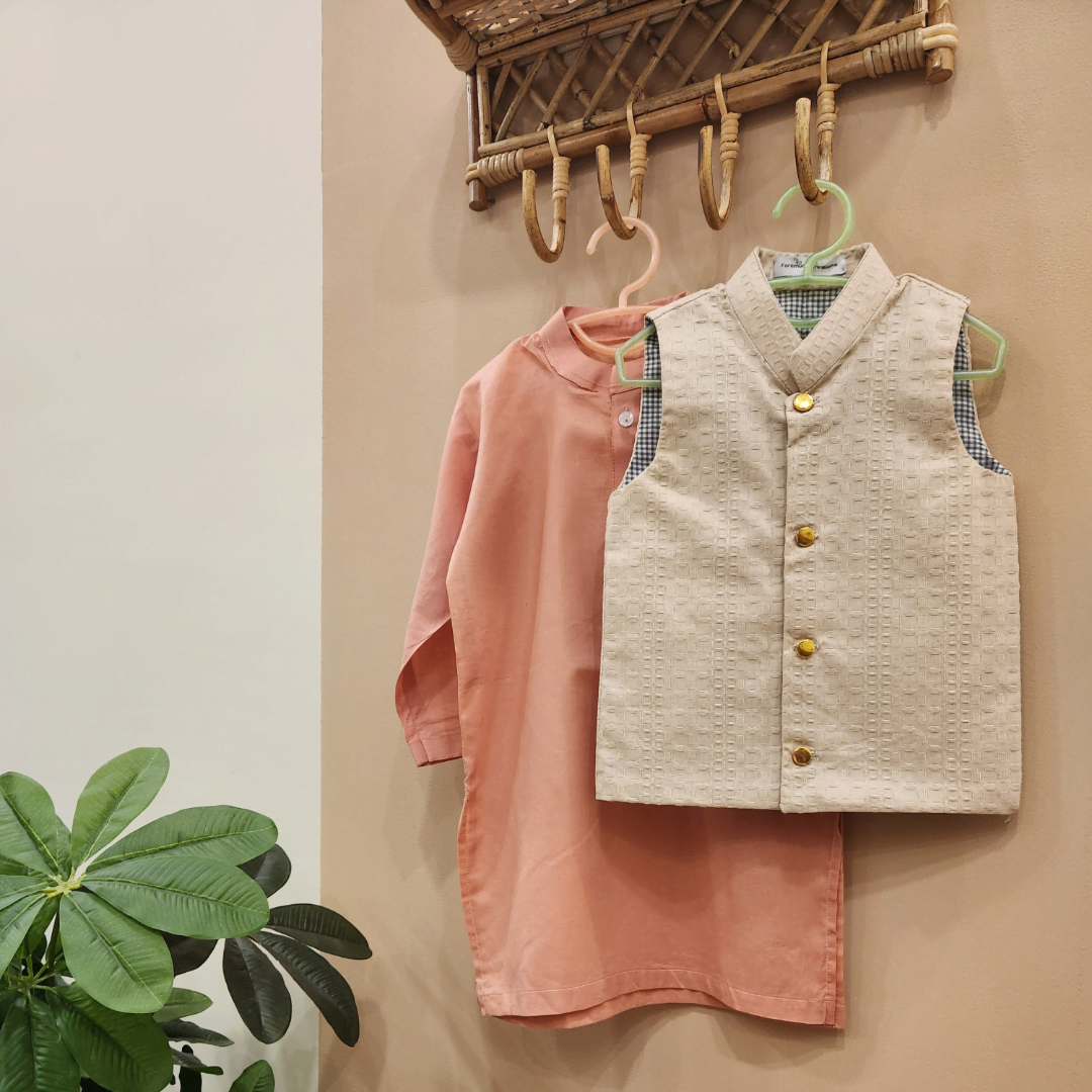 Beige Waistcoat and Pink Kurta with Trouser