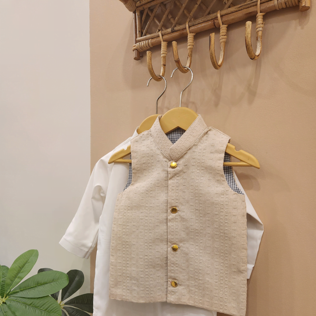 Beige Waistcoat and White Kurta with Trouser