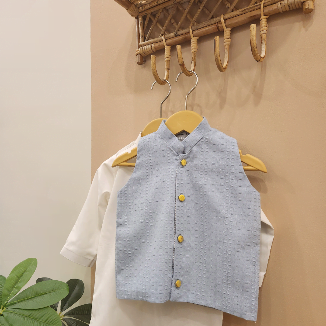 Cloudy Blue Waistcoat and White Kurta with Trouser