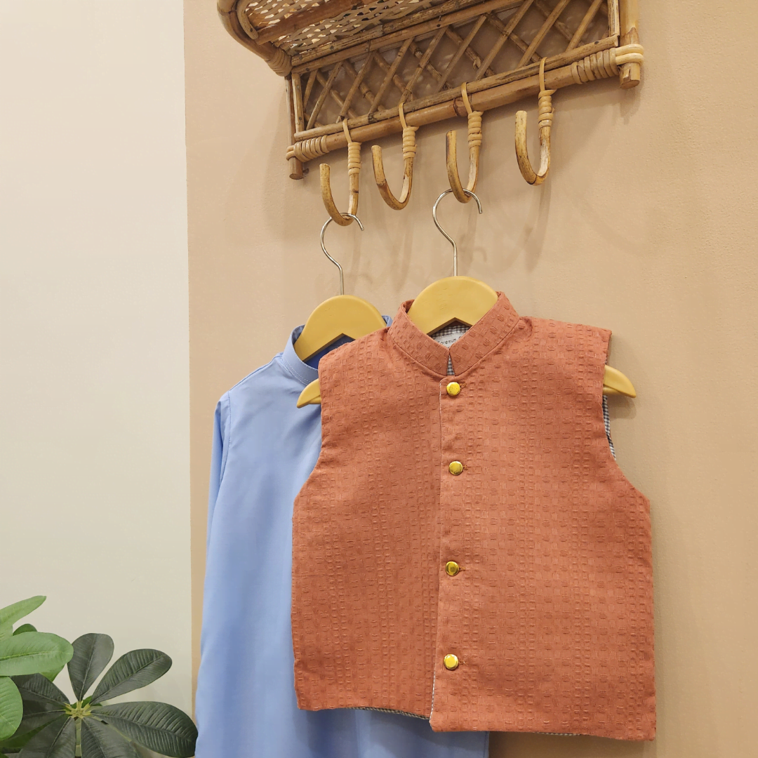 Rust Waistcoat and Sky Blue Kurta with Trouser