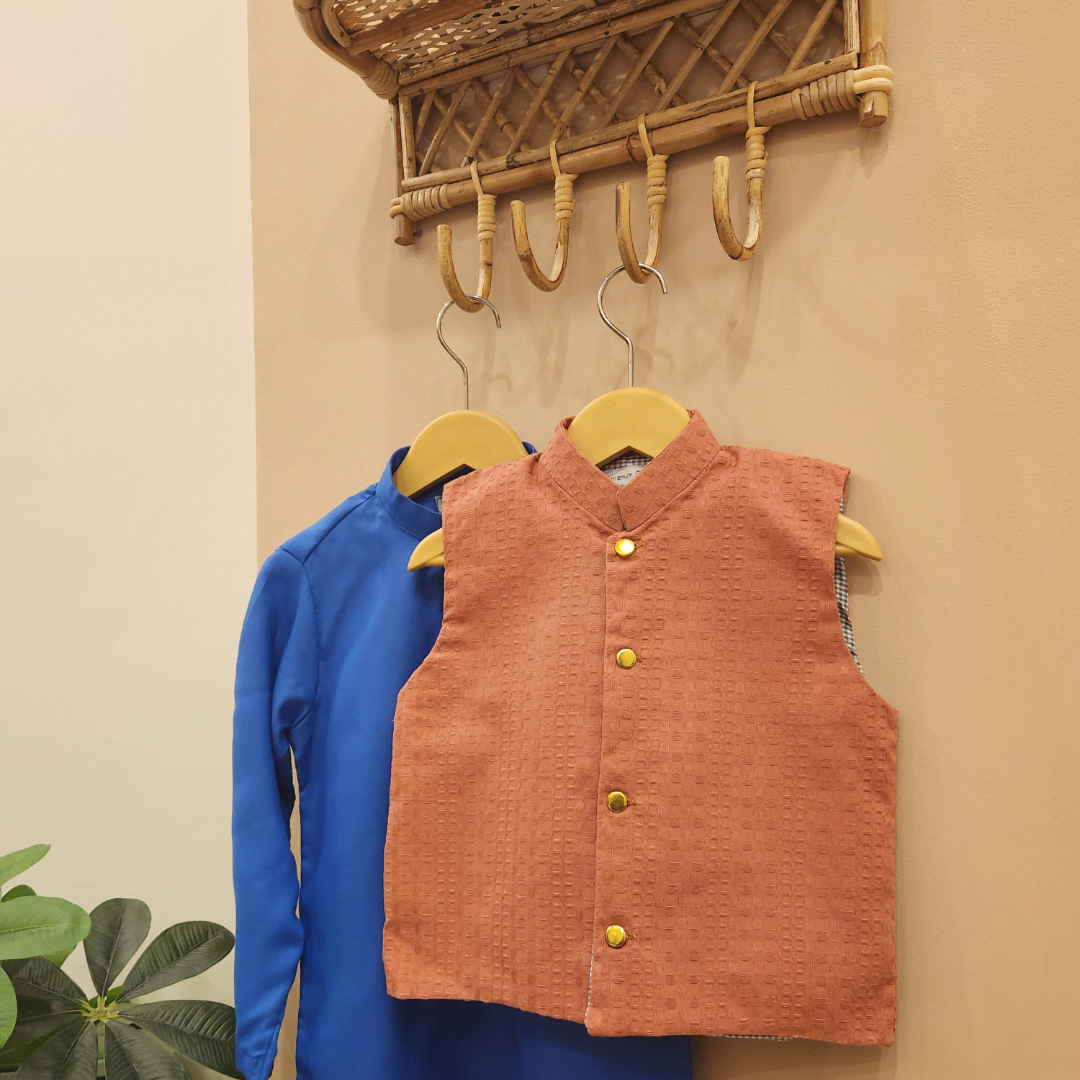 Rust Waistcoat and Royal Blue Kurta with Trouser