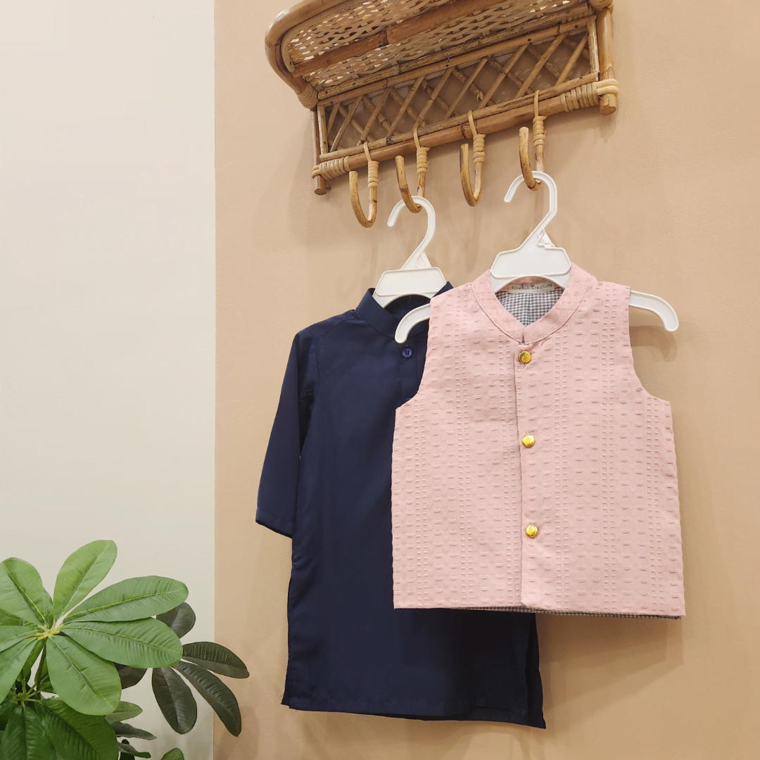 Pink Waistcoat and Navy Kurta Trouser (3 Piece Set)