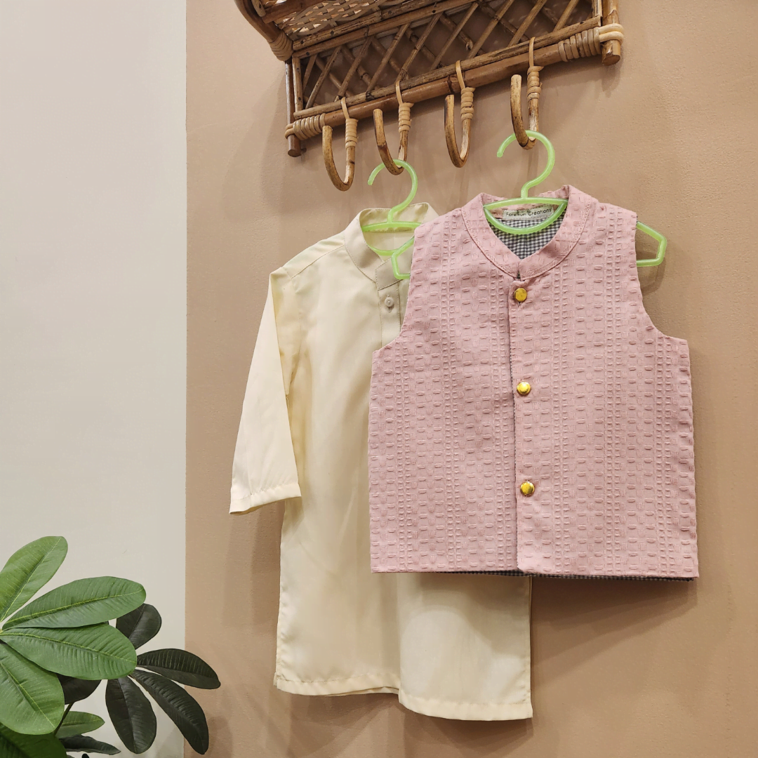 Pink Waistcoat and Cream White Kurta Trouser (3 Piece Set)
