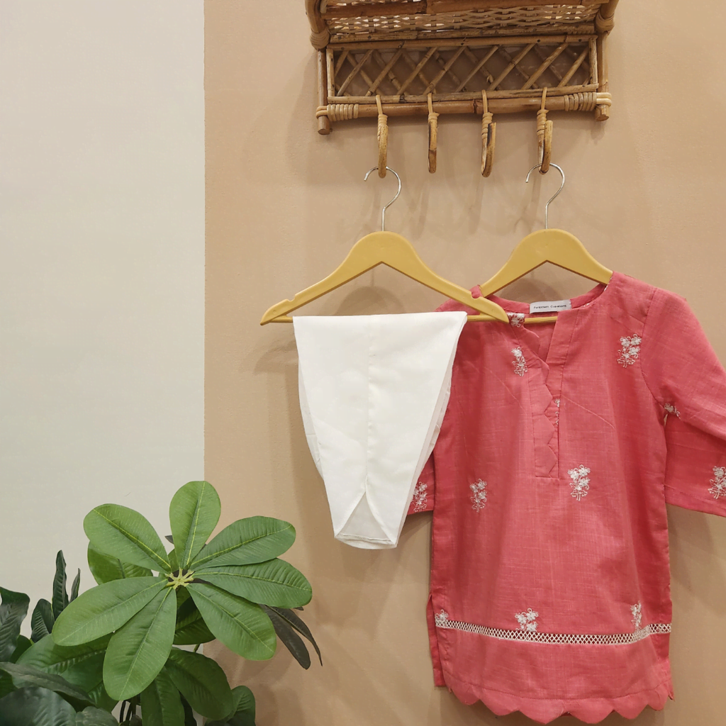 Strawberry Pink Floral Embroidery Kurti with Tulip Shalwar