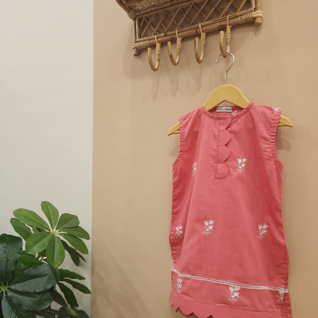 Strawberry Pink Floral Embroidery Kurti