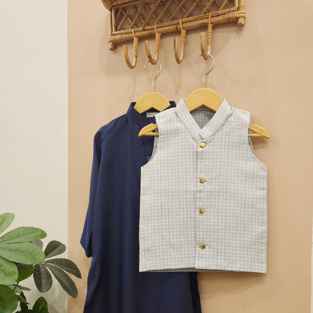 Ice Blue Waistcoat and Navy Blue Kurta with Trouser