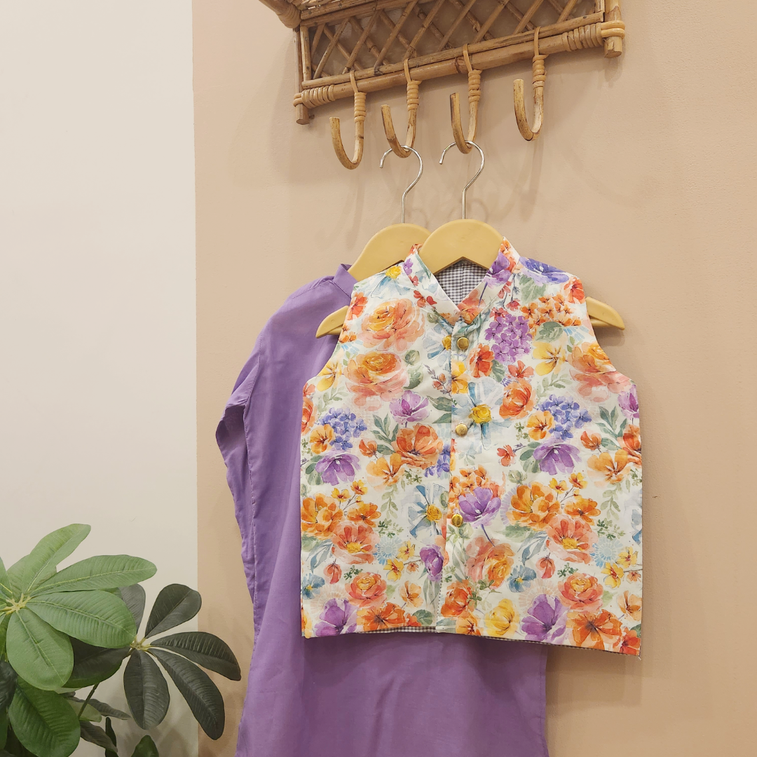 Multicolor Floral Waistcoat and Purple Kurta with Trouser