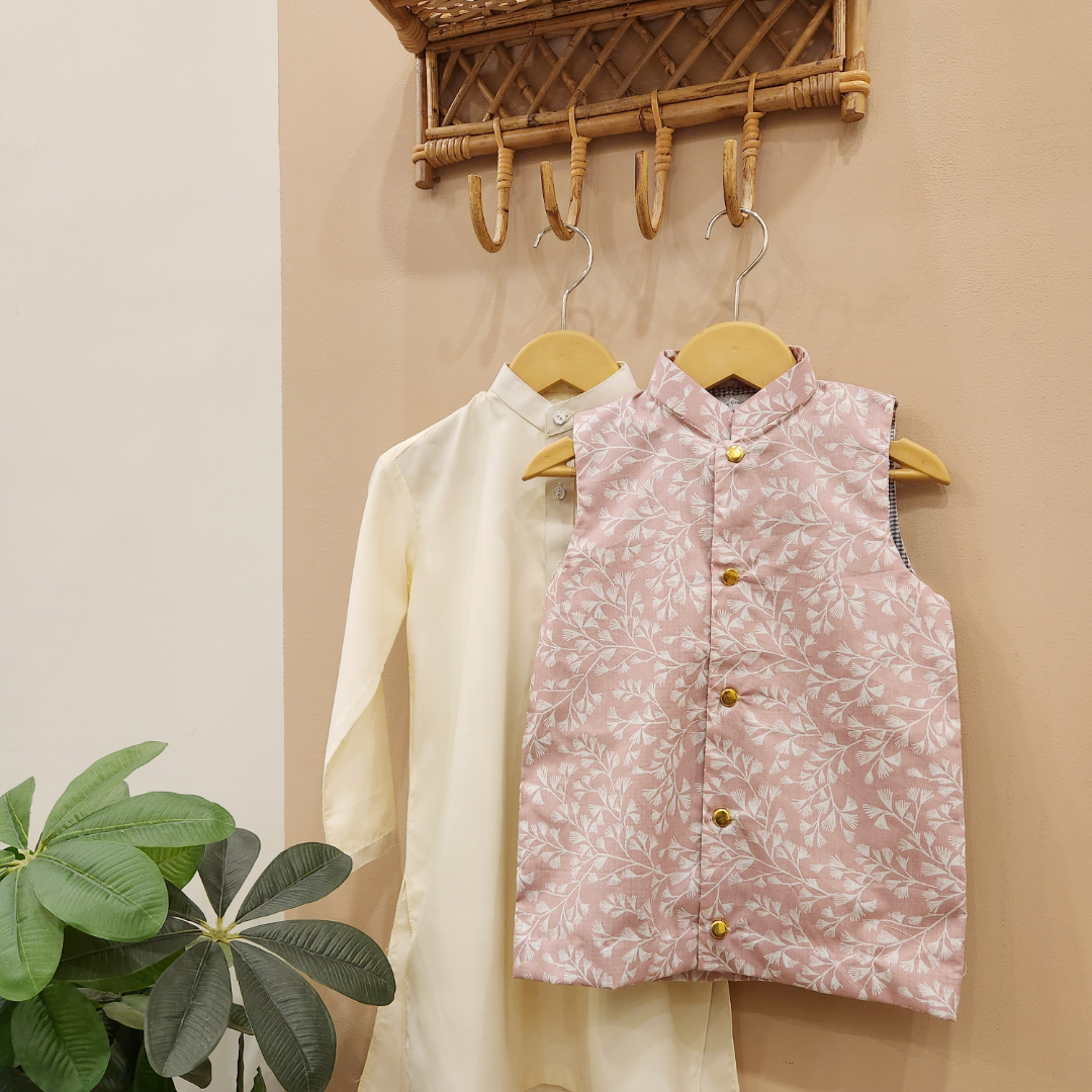 Cherry Blossom Waistcoat and Cream White Kurta with Trouser
