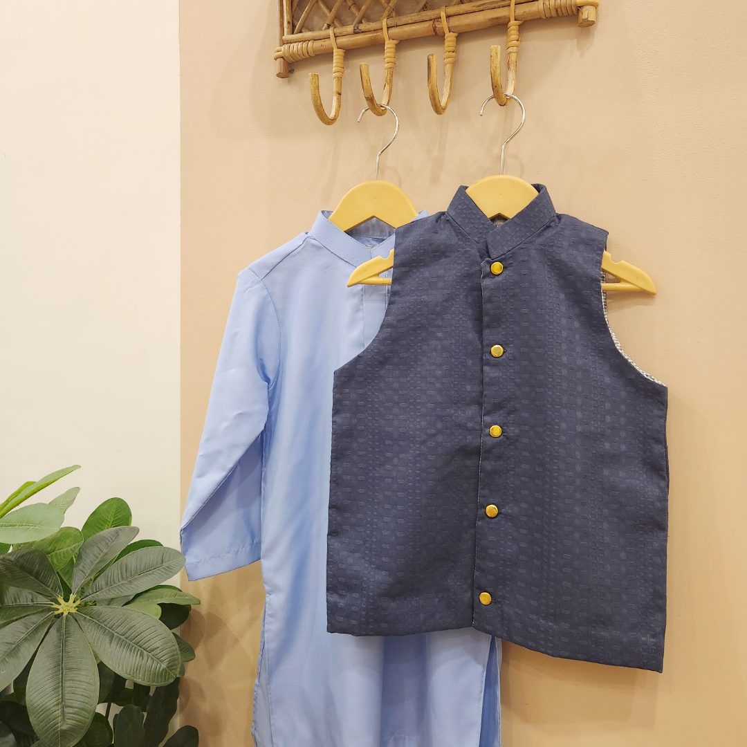 Textured Midnight Blue Waistcoat and Sky Blue Kurta with Trouser