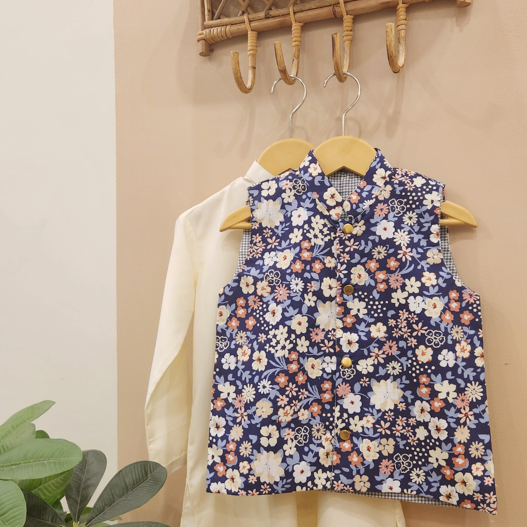 Midnight Floral Waistcoat and Cream Kurta with Trouser