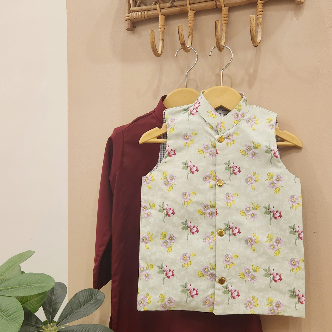 Pistachio Bloom Waistcoat and Maroon Kurta with Trouser