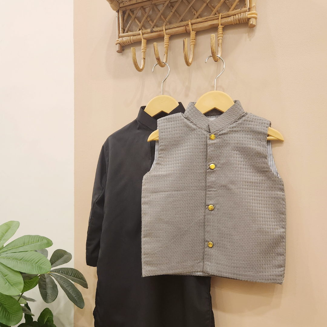 Dark Grey Waistcoat and Black Kurta with Trouser