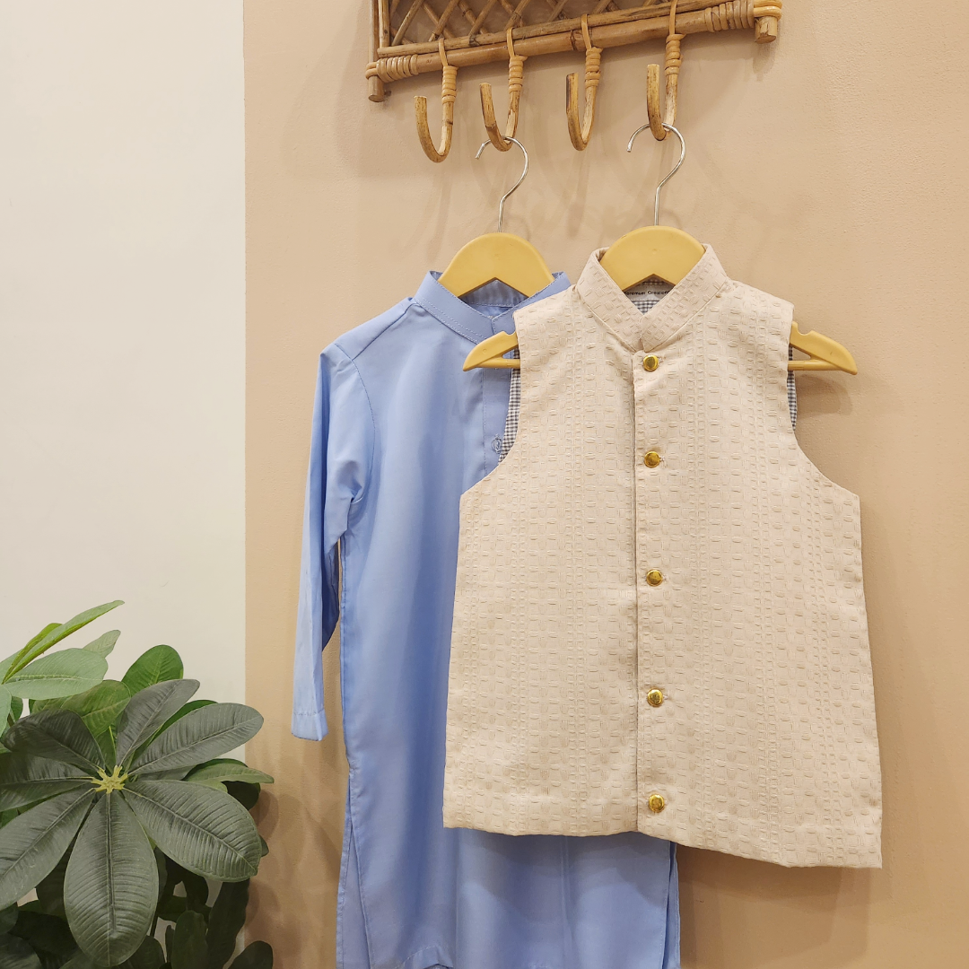 Beige Waistcoat and Sky Blue Kurta with Trouser