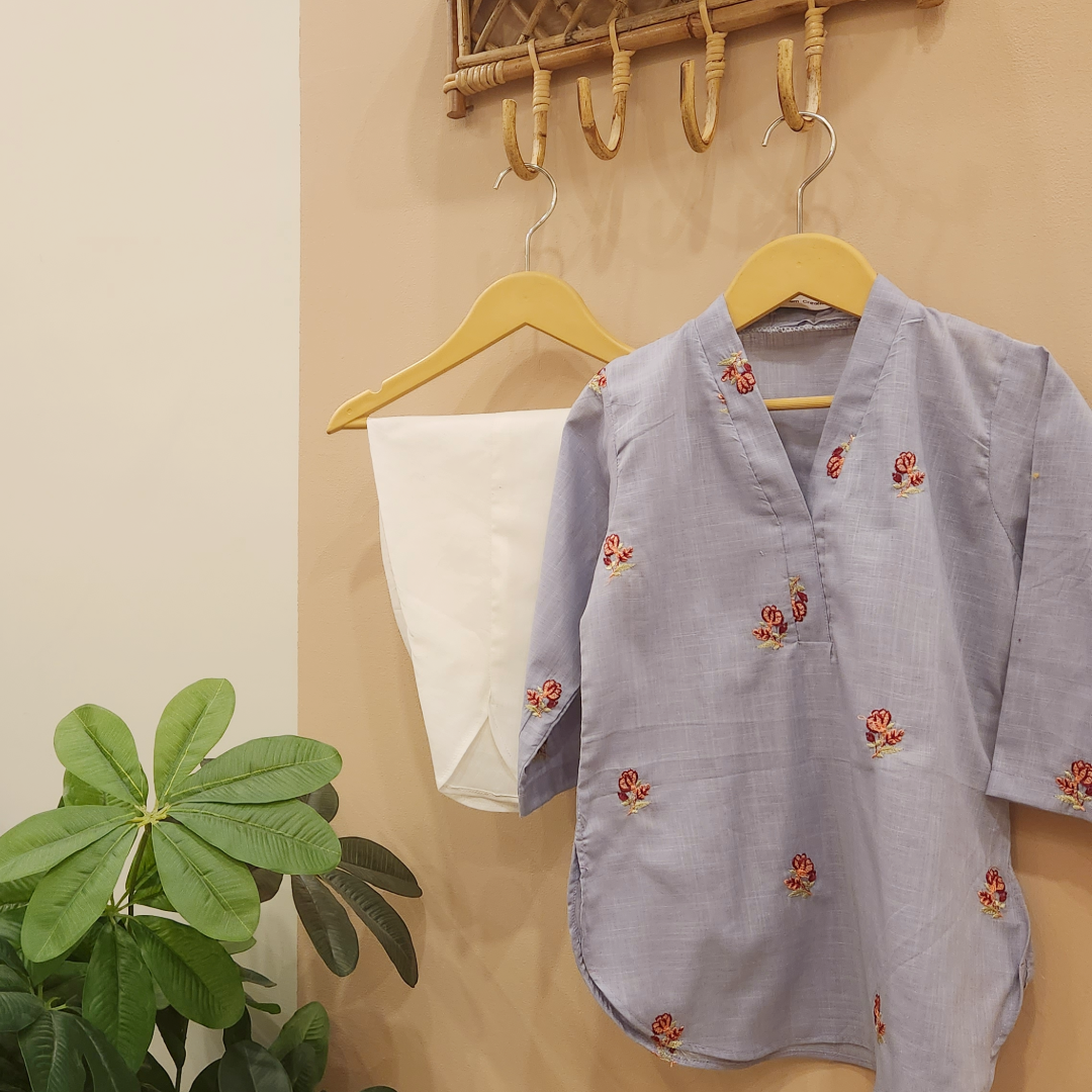 Lilac Floral Embroidery Kurti with Tulip Shalwar