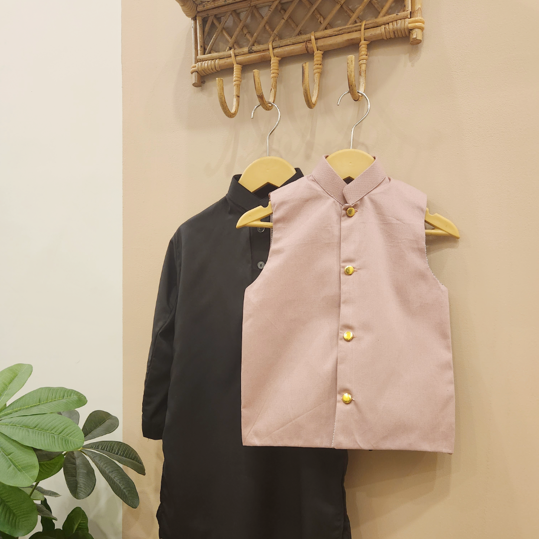 Pink Suede Waistcoat and Black Kurta with Trouser