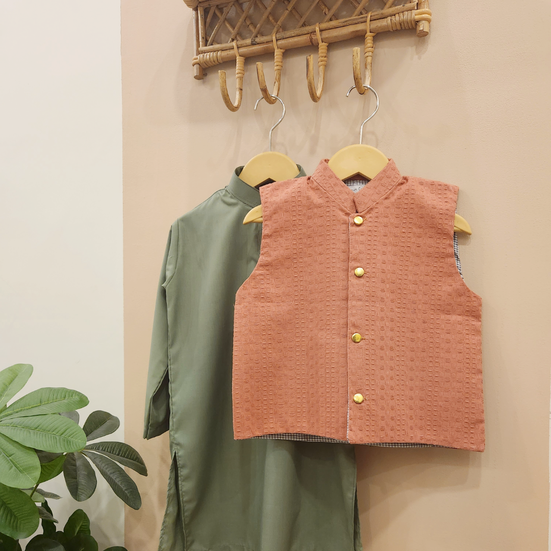 Rust Waistcoat and Sage Green Kurta with Trouser