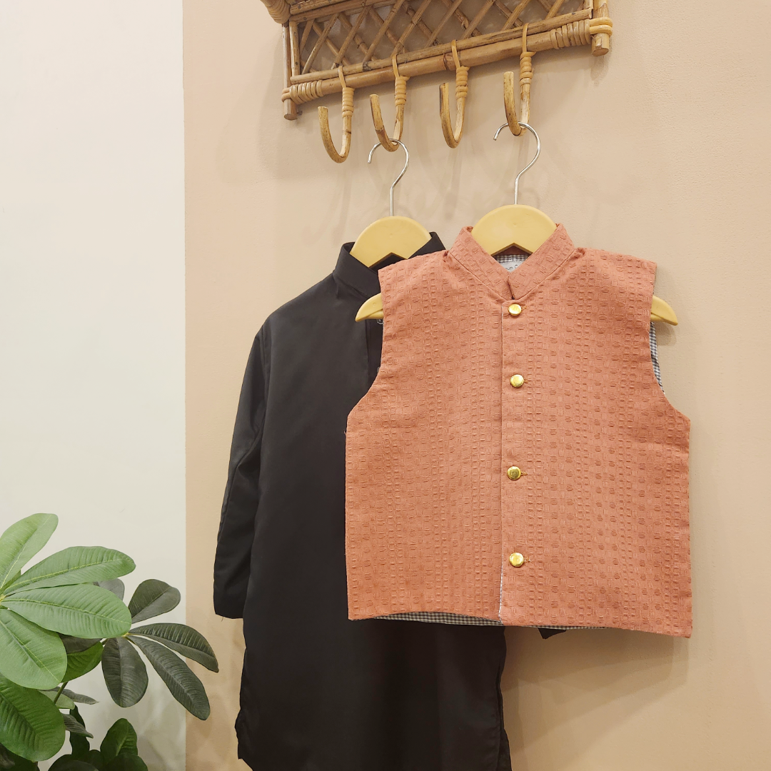 Rust Waistcoat & Black Kurta Trouser