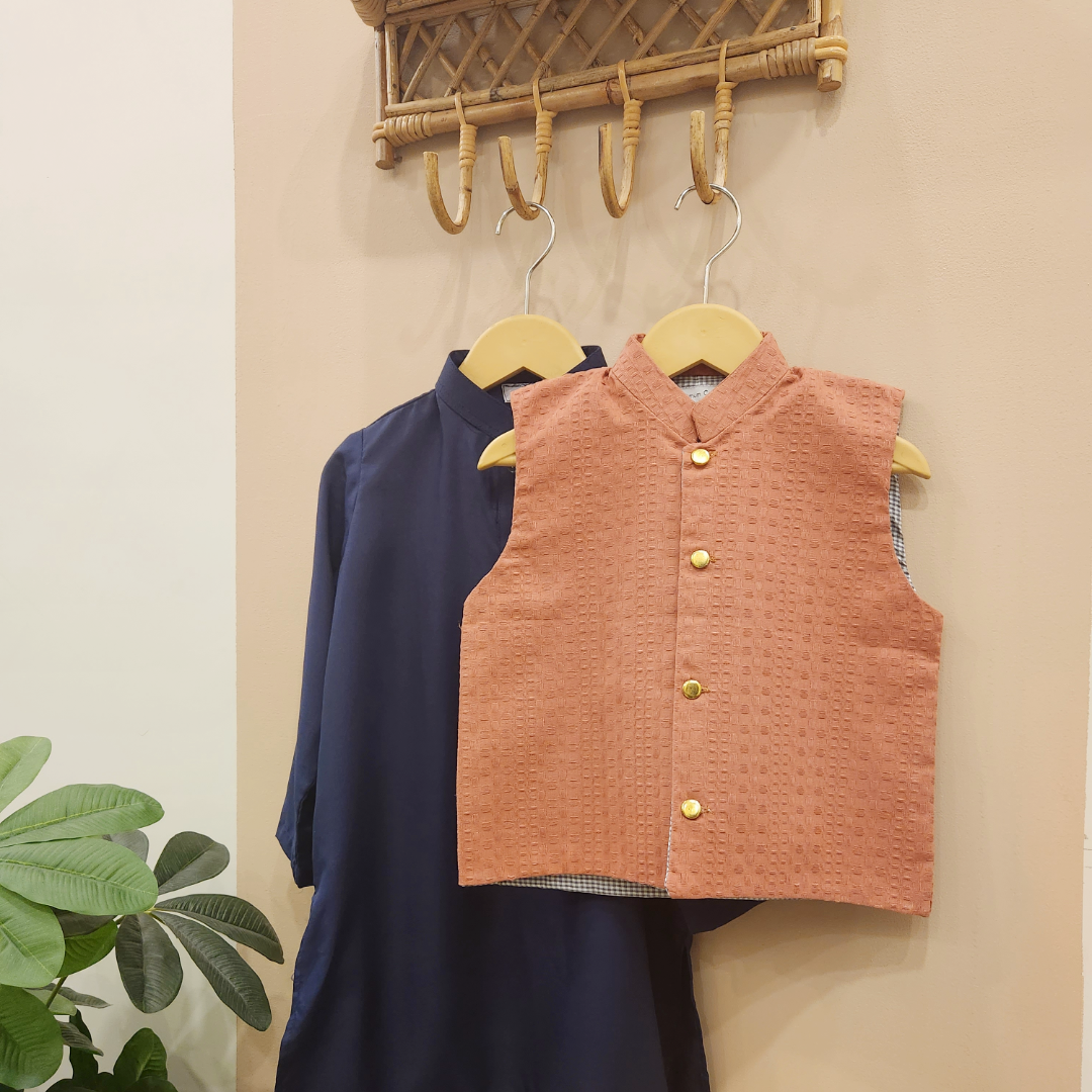 Rust Waistcoat and Navy Blue Kurta with Trouser