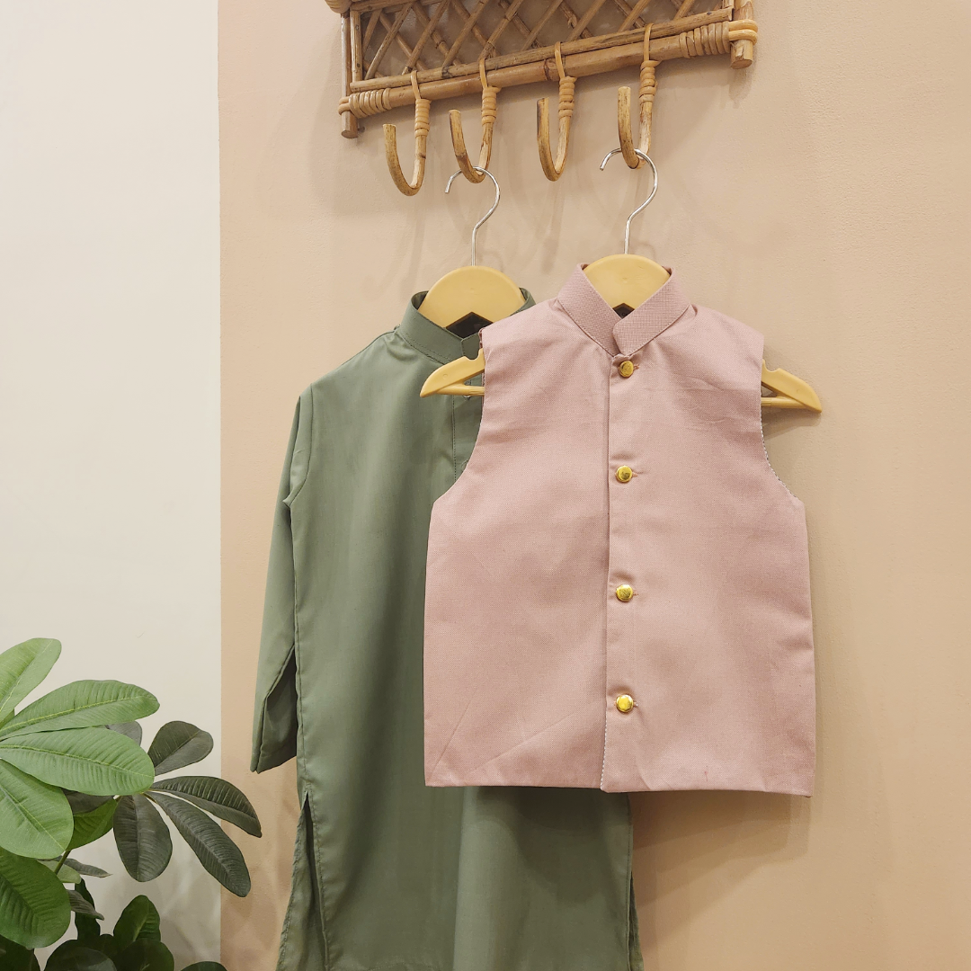 Pink Suede Waistcoat and Sage Green Kurta with Trouser