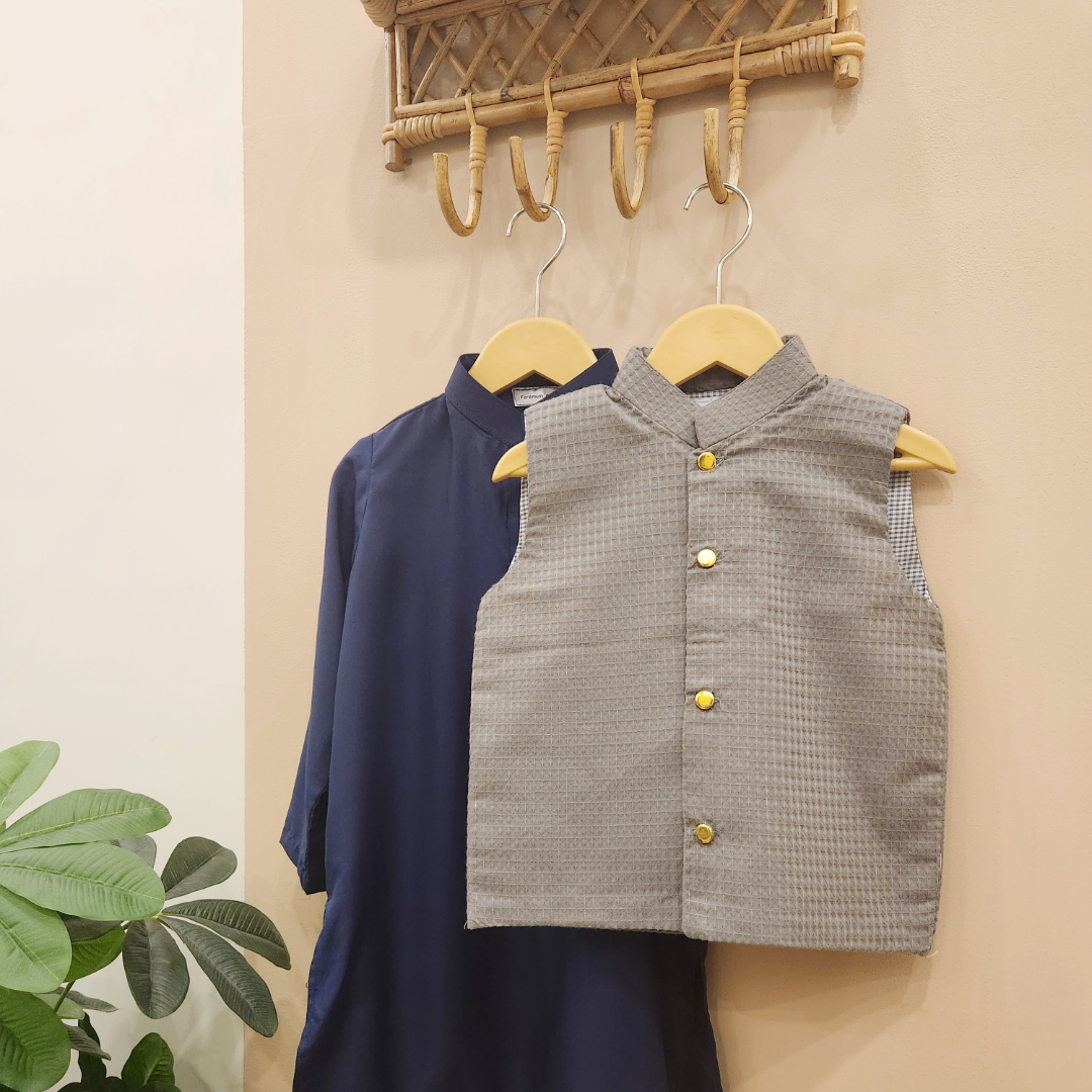 Dark Grey Waistcoat and Navy Blue Kurta with Trouser