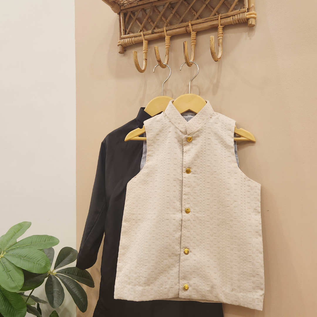 Beige Waistcoat and Black Kurta with Trouser