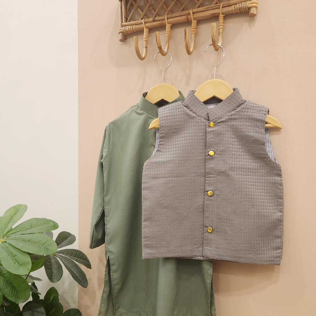 Dark Grey Waistcoat and Light Green Kurta with Trouser