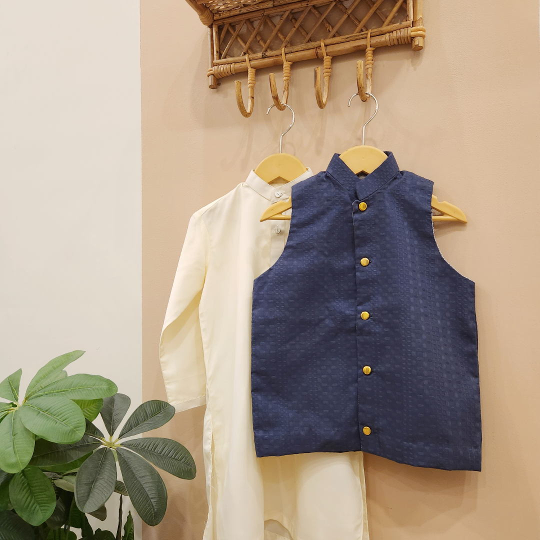 Textured Midnight Blue Waistcoat and Cream White Kurta with Trouser