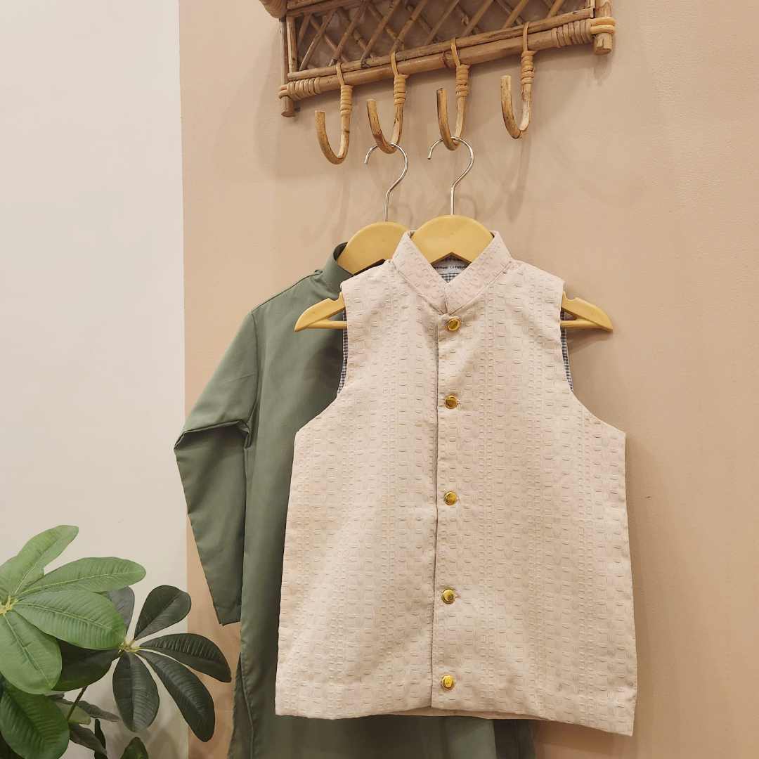 Beige Waistcoat and Sage Green Kurta with Trouser