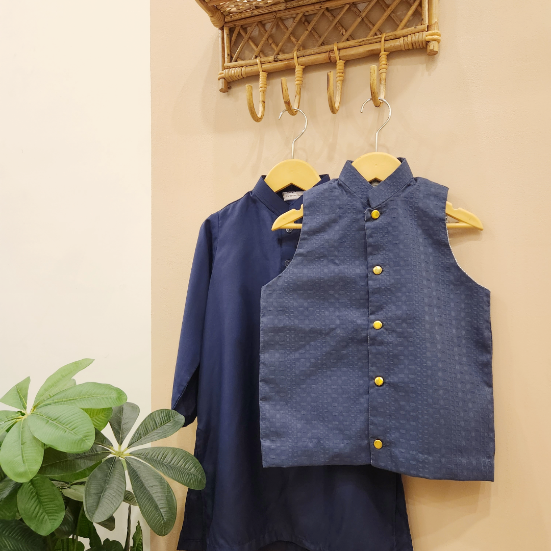 Textured Midnight Blue Waistcoat and Navy Blue Kurta with Trouser