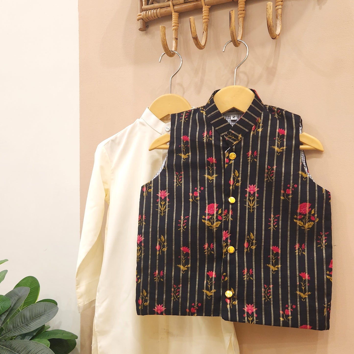 Midnight Blossom Waistcoat and Cream Kurta with Trouser