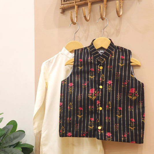 Midnight Blossom Waistcoat and Cream Kurta with Trouser