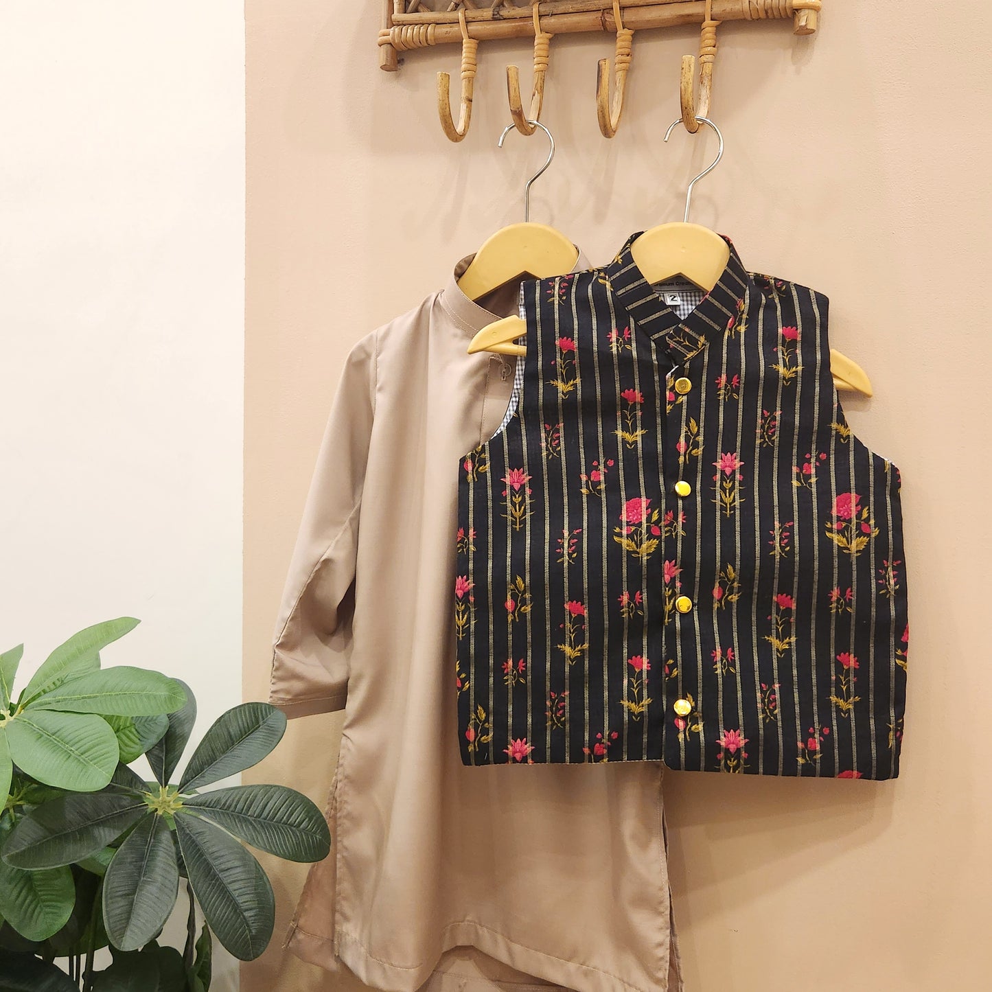 Midnight Blossom Waistcoat and Latte Brown Kurta with Trouser