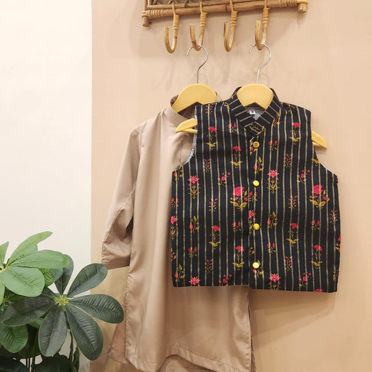 Midnight Blossom Waistcoat and Latte Brown Kurta with Trouser
