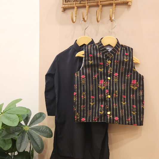 Midnight Blossom Waistcoat and Black Kurta with Trouser
