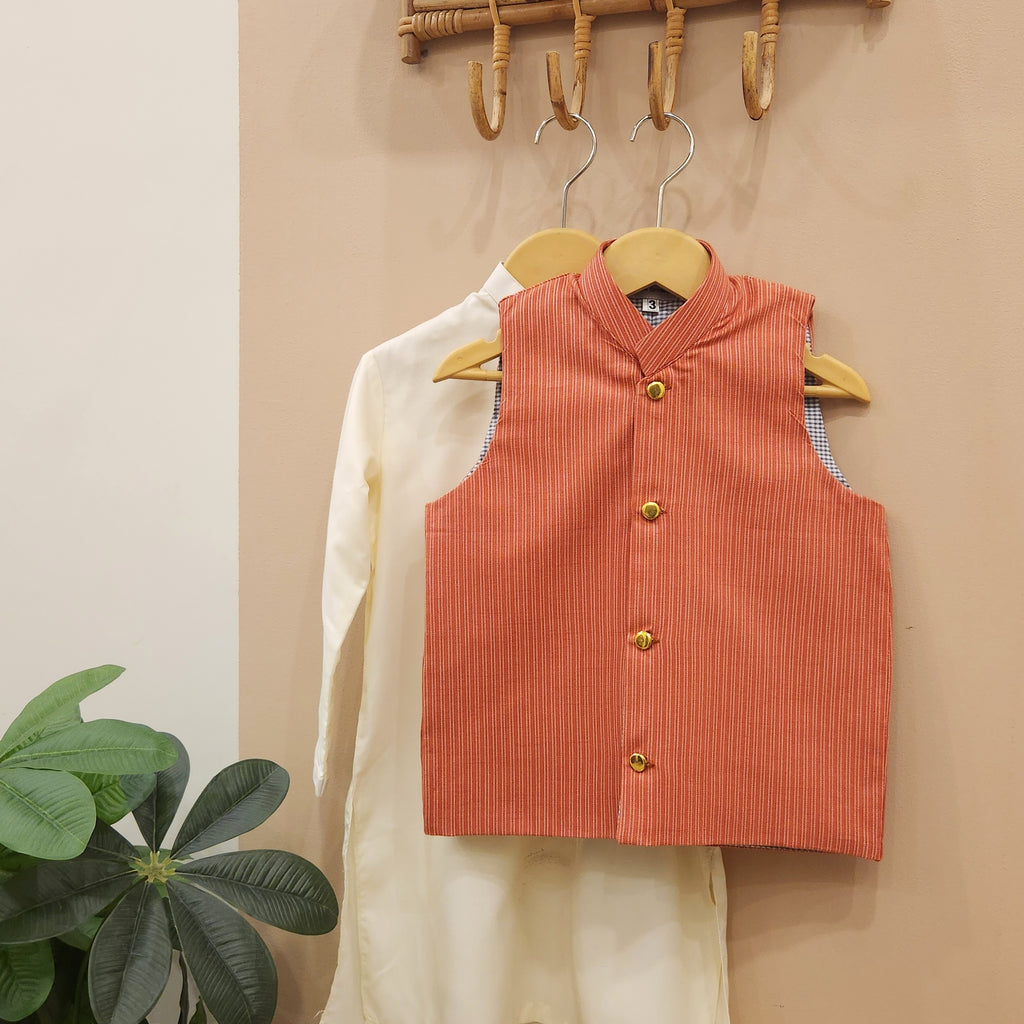 Rust Ridges Waistcoat and Cream Kurta with Trouser