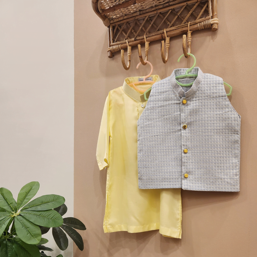 Ice Blue Waistcoat and Light Yellow Kurta Trouser