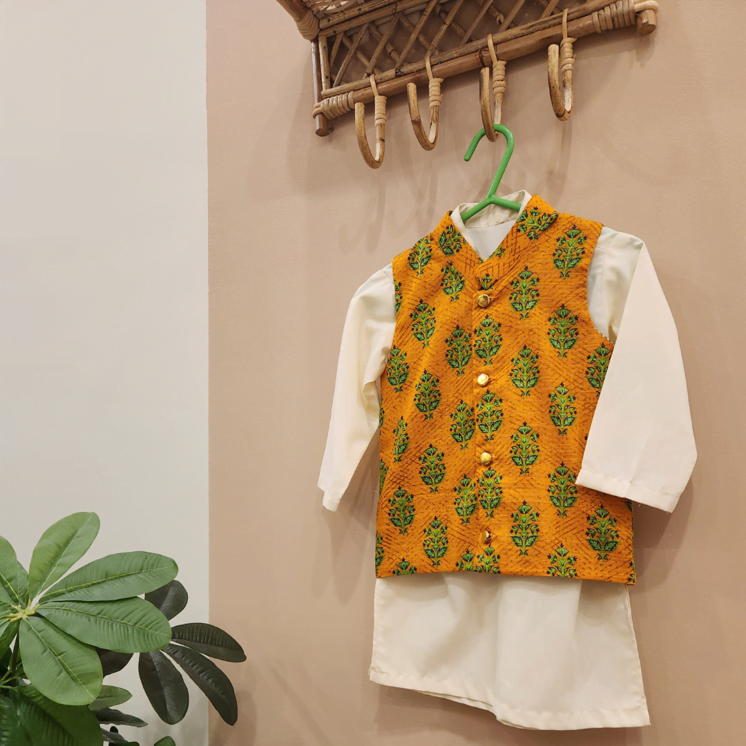 Mustard Motifs Waistcoat and Cream White Kurta Trouser