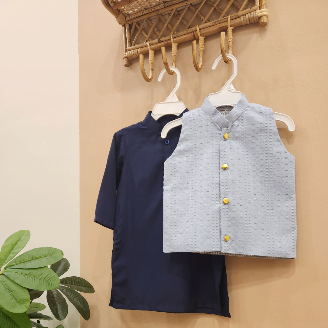 Cloudy Blue Waistcoat and Navy Blue Kurta with Trouser